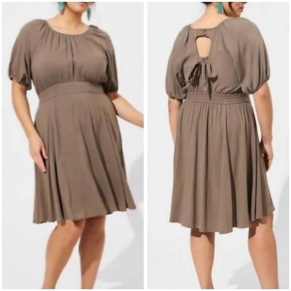 Torrid Skater Mini Dress Slub Puff Sleeve Brown Size 1X 14/16 - Picture 1 of 12